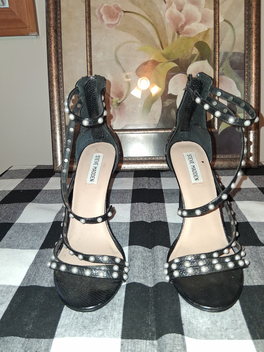 Steve Madden Black Pearl-Embellished Strappy Heels